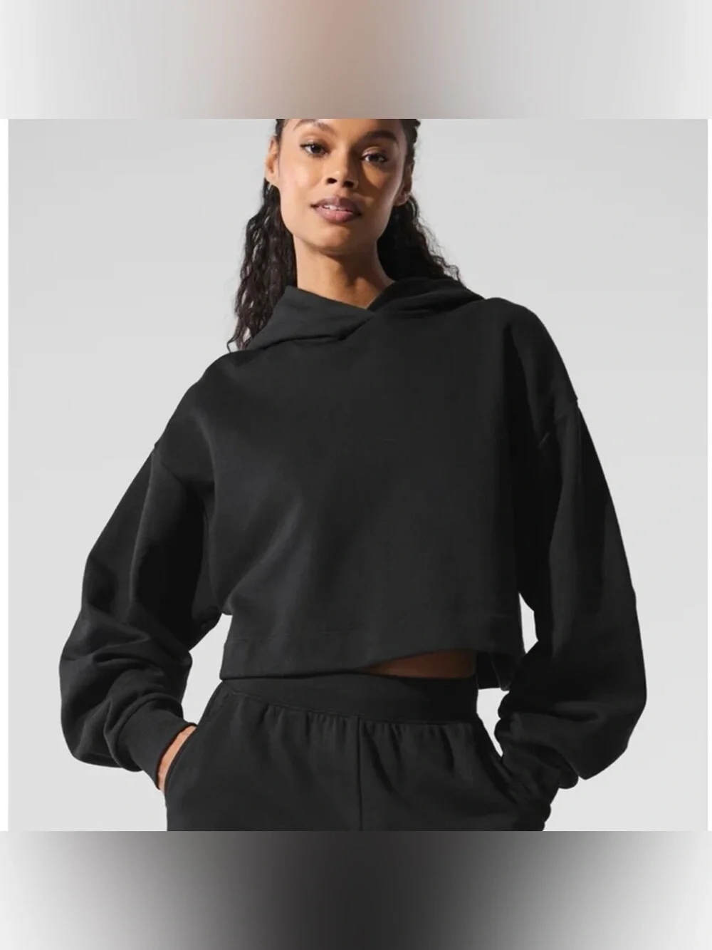 NWT Alo Yoga Bae Hoodie Pullover Sweatshirt Top Cropped Fleece Black Sz XS
